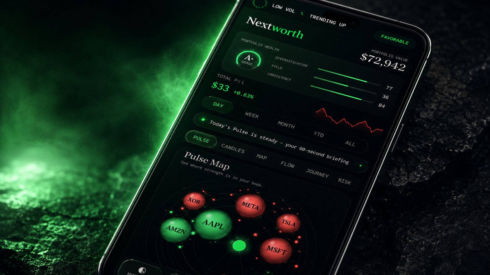 Nextworth Pulse Map on iPhone, holdings drawn as glowing nodes sized by portfolio weight