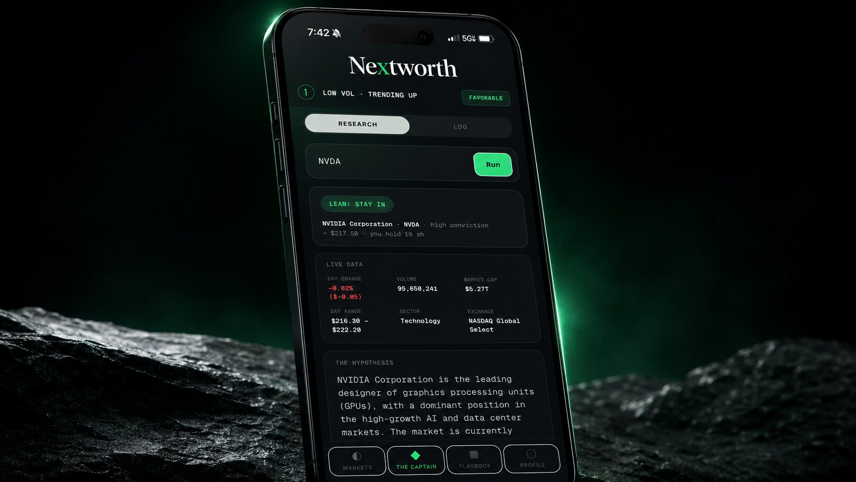The Captain on iPhone answering a query for NVDA, showing a stay-in lean, the shares held, and live day range, volume and market cap