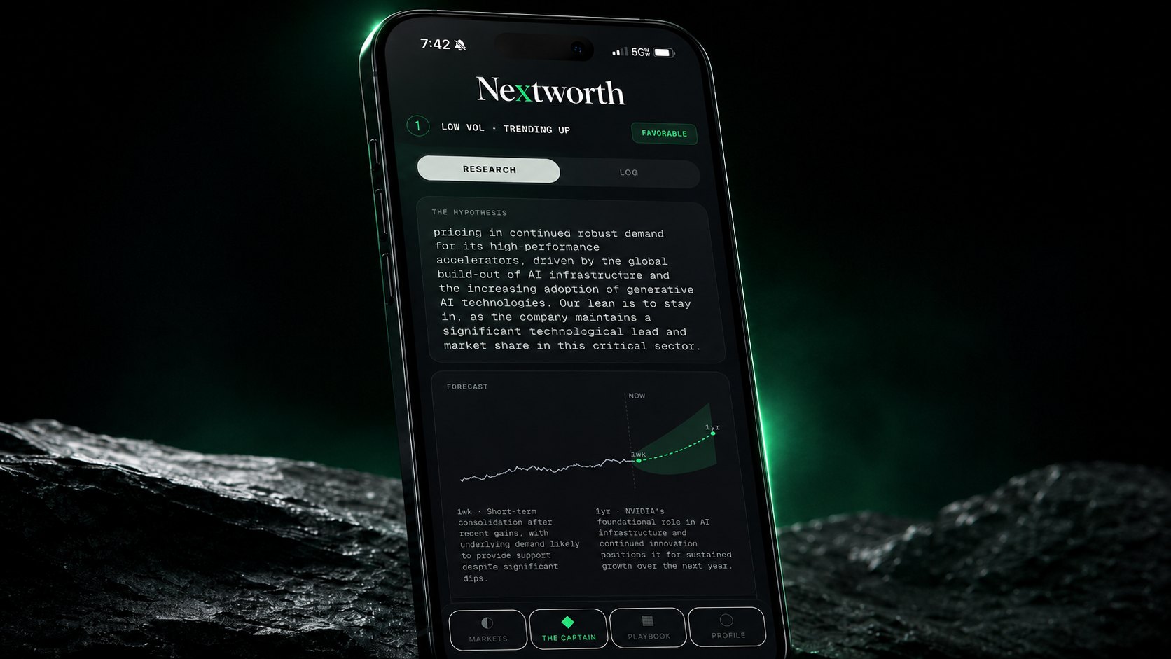 The Captain on iPhone showing its written reasoning and a forecast chart with one-week and one-year points