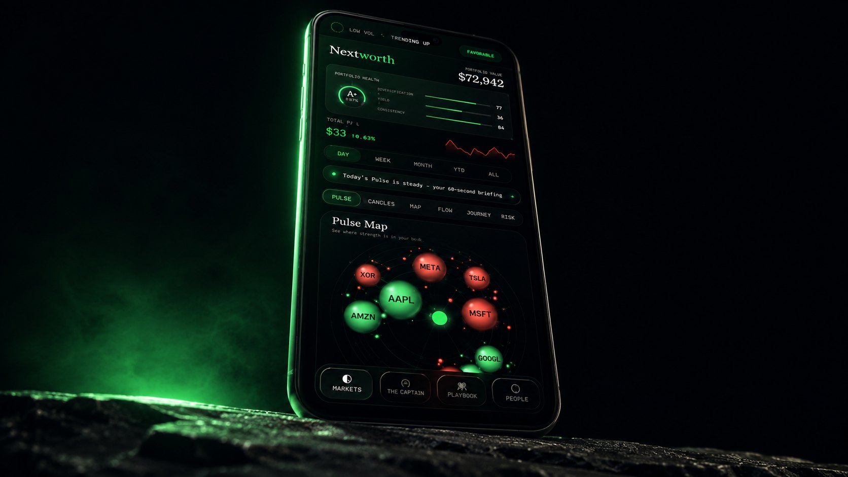 Nextworth running on an iPhone, portfolio health grade and Pulse Map on screen