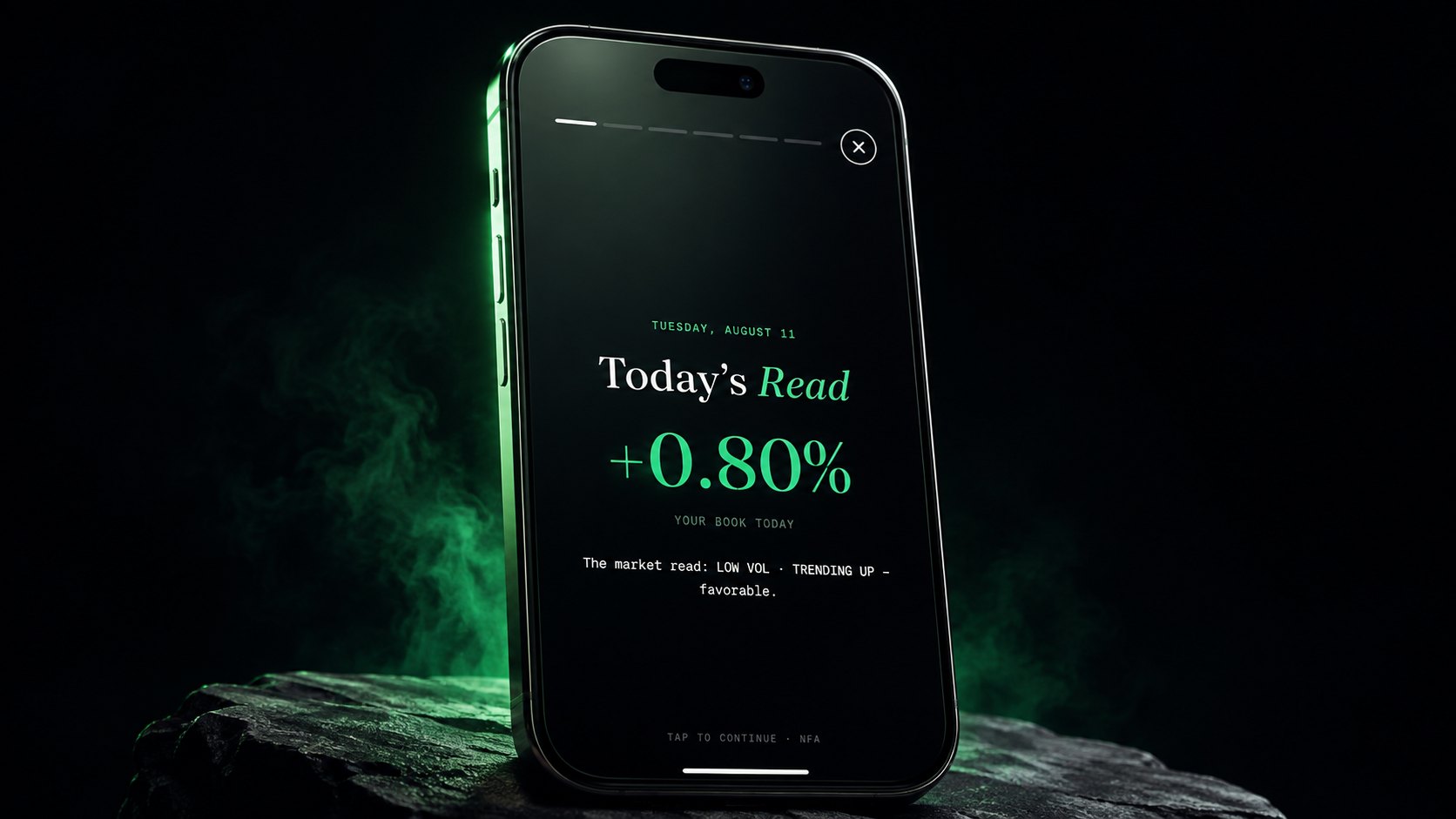 Nextworth Today's Read on iPhone, showing the day's portfolio move and the current market regime